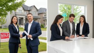 Real estate agent in Georgetown holding contract and keys, discussing paperwork with seller and buyer in a home setting.