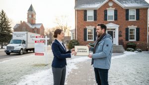 Real estate agent handing utilities checklist to buyer in front of a Georgetown Ontario home with sold sign and moving truck