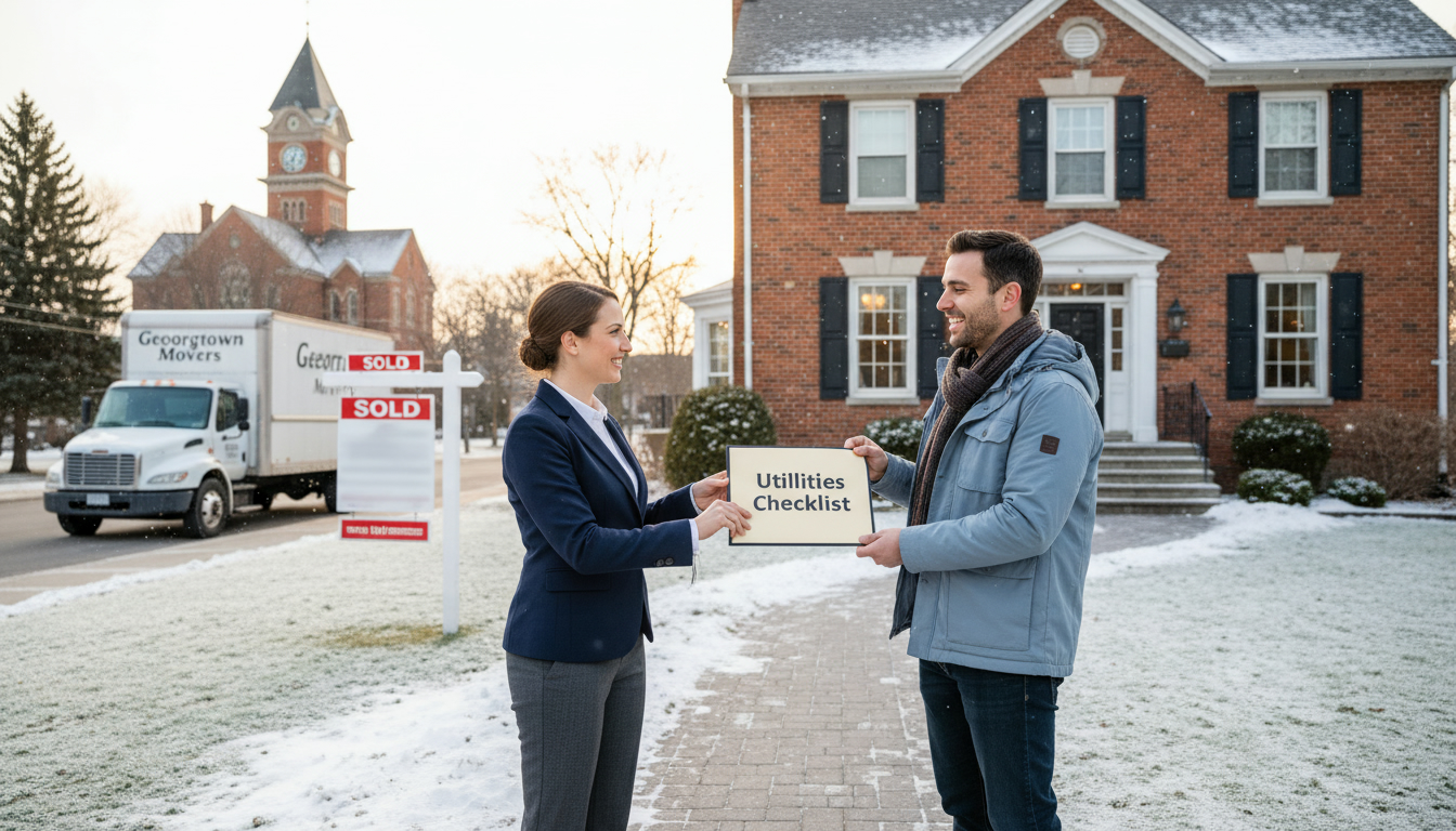 Real estate agent handing utilities checklist to buyer in front of a Georgetown Ontario home with sold sign and moving truck