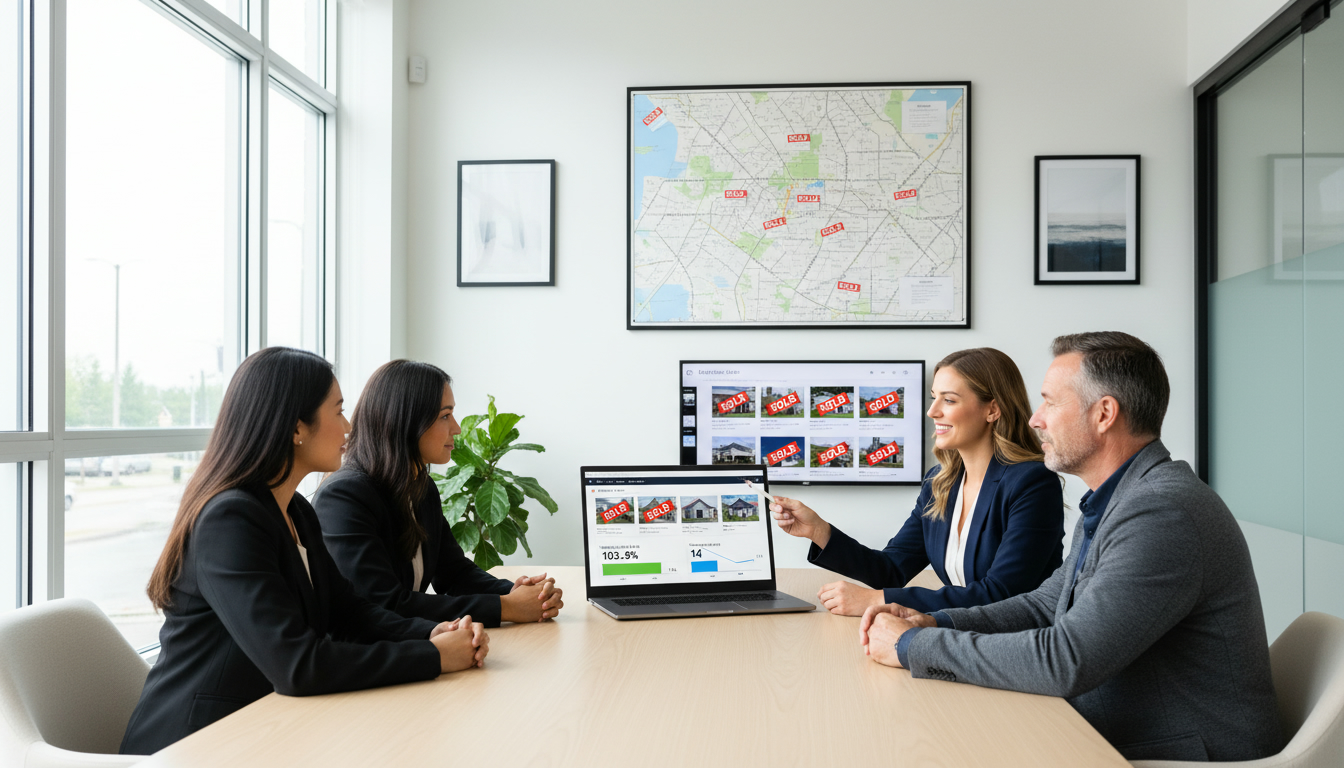 Realtor reviewing sold listings and market charts with a homeowner, map of Georgetown, Ontario in the background