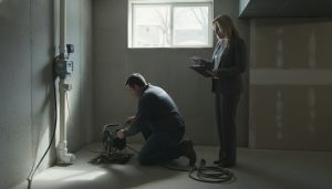 Plumber performing sewer camera inspection in a Georgetown, Ontario house basement with realtor checklist