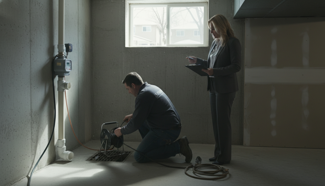Plumber performing sewer camera inspection in a Georgetown, Ontario house basement with realtor checklist