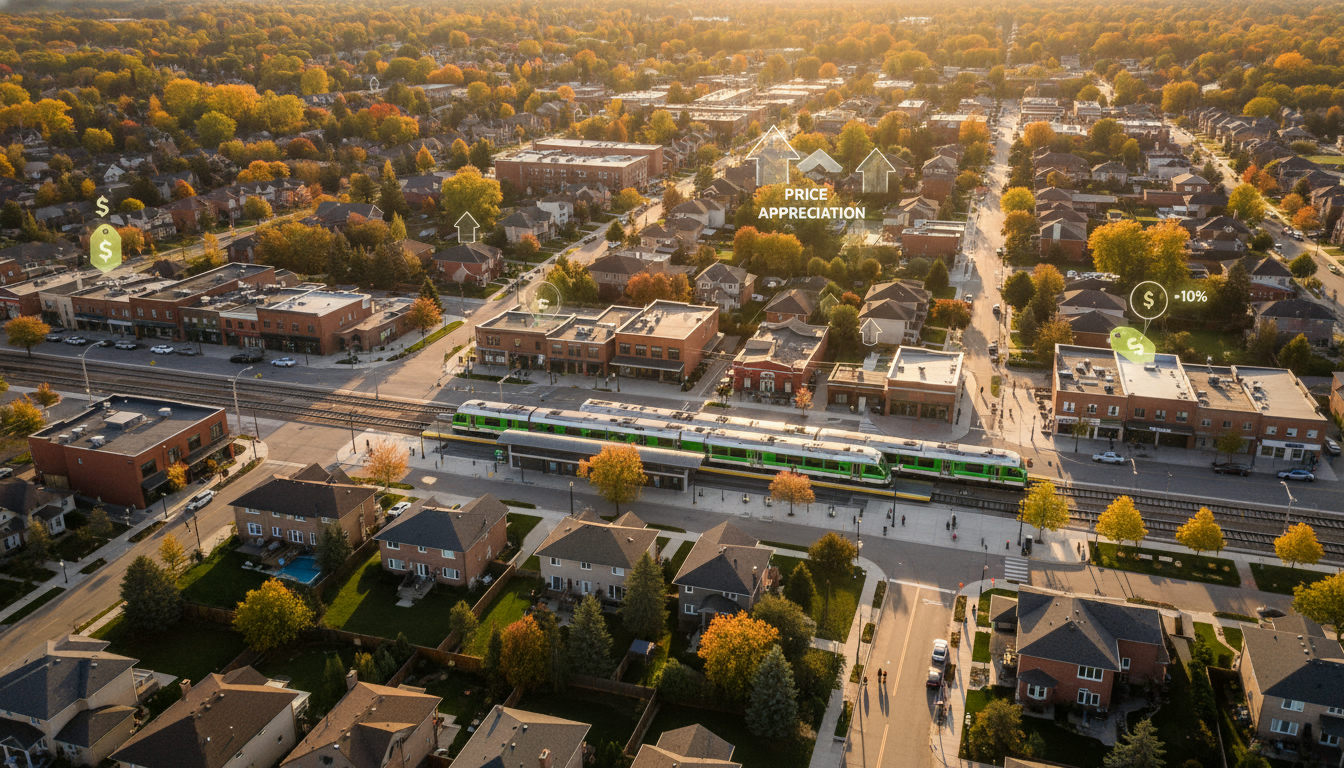 Aerial view of Georgetown, Ontario neighbourhood with GO train and upward market arrows indicating property value growth.