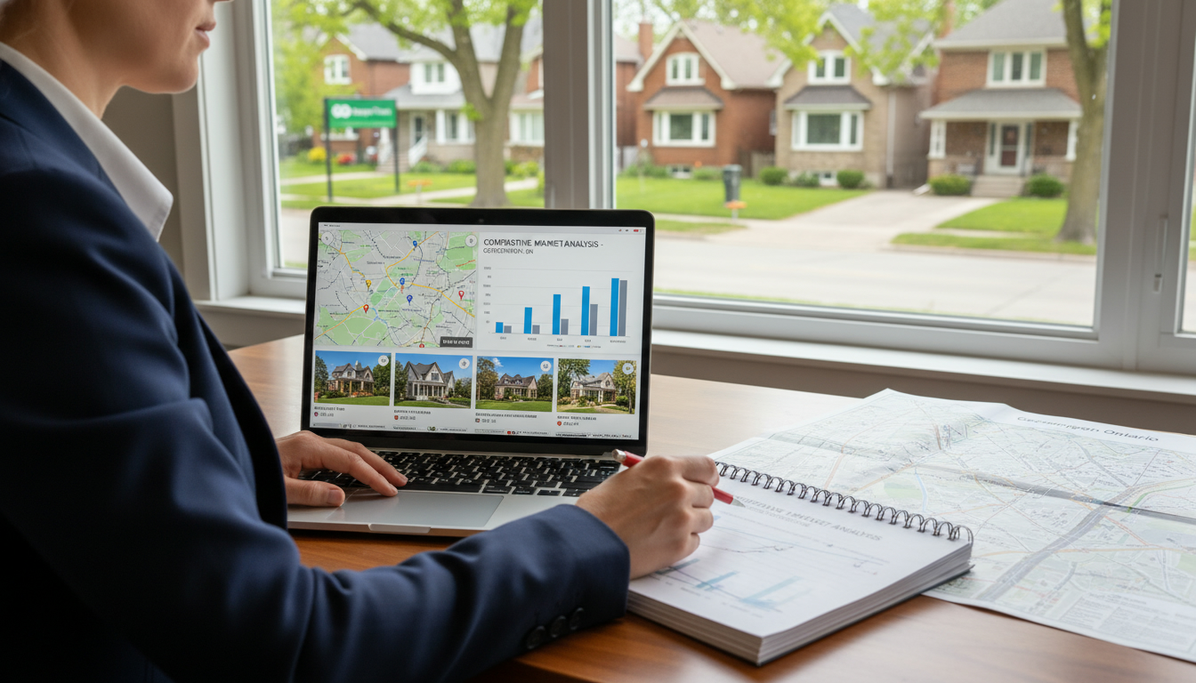 Realtor preparing a Comparative Market Analysis with Georgetown map and listing charts on a laptop and printouts.