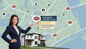 Map of Georgetown Ontario showing nearby schools, realtor pointing at a top-rated school with ranking badges