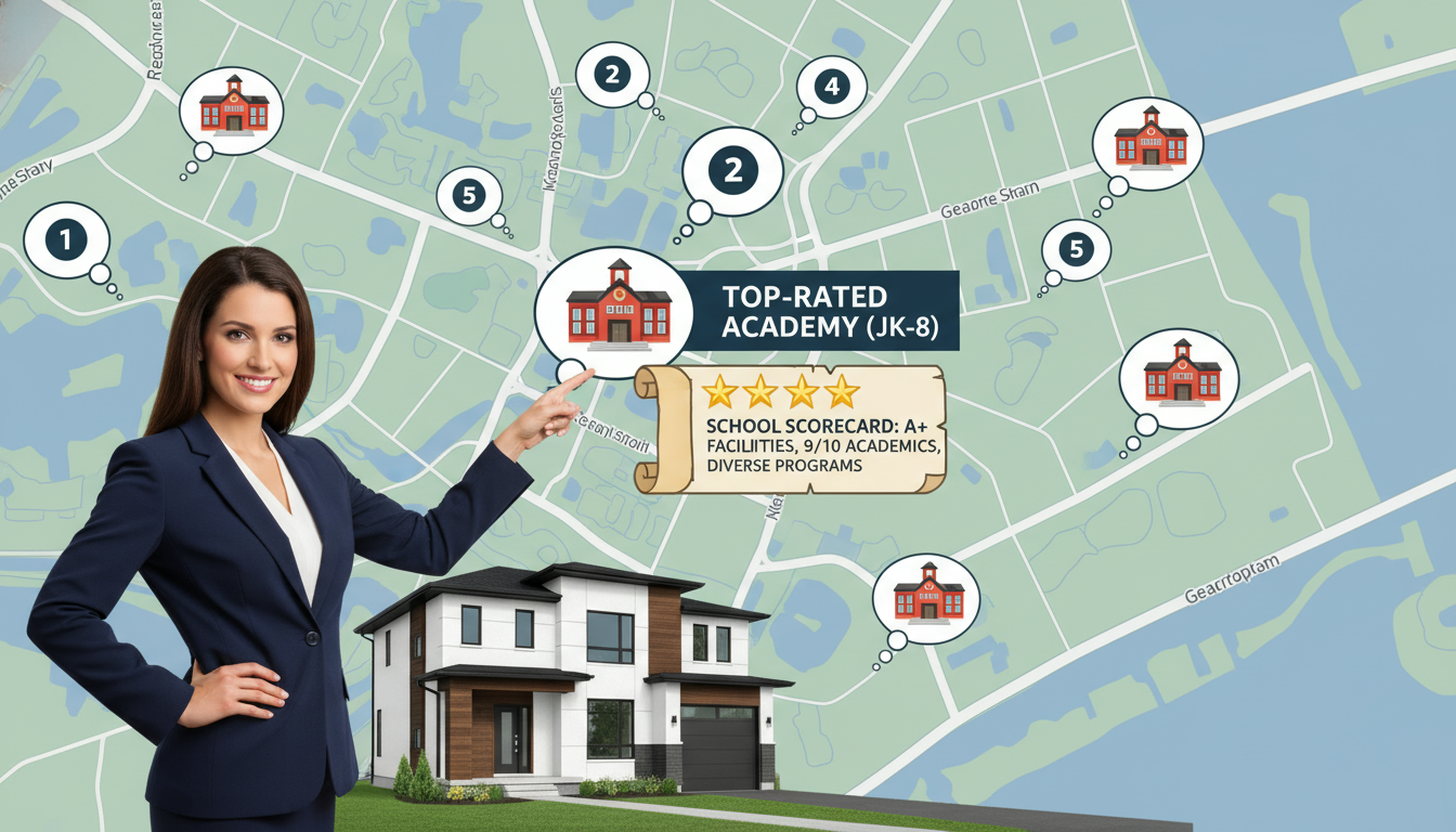 Map of Georgetown Ontario showing nearby schools, realtor pointing at a top-rated school with ranking badges