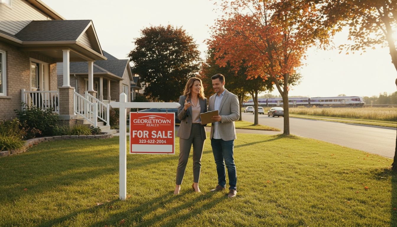 Realtor with homeowners in front of a Georgetown ON home for sale, showing paperwork and a For Sale sign