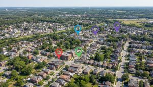 Aerial view of Georgetown, Ontario neighborhoods with map pins and percentage symbols showing property tax variation