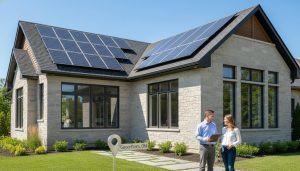 Georgetown Ontario home with solar panels and new double-glazed windows being reviewed by a realtor with clipboard.