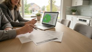 Real estate agent and homeowner reviewing title search documents in a Georgetown home with land registry map on laptop.