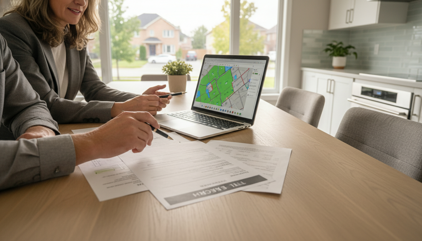 Real estate agent and homeowner reviewing title search documents in a Georgetown home with land registry map on laptop.