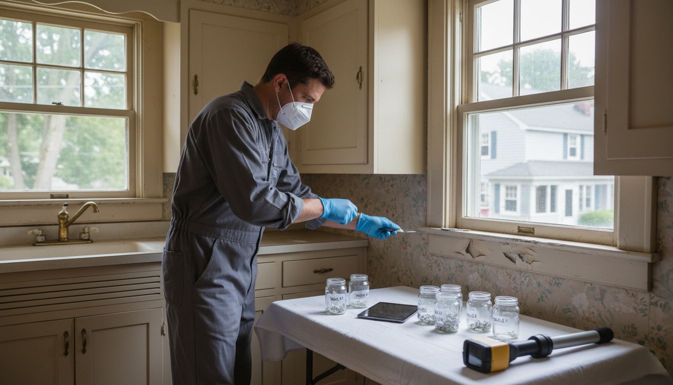 Home inspector collecting paint sample and using testing equipment in an older Milton home for asbestos and lead paint testing