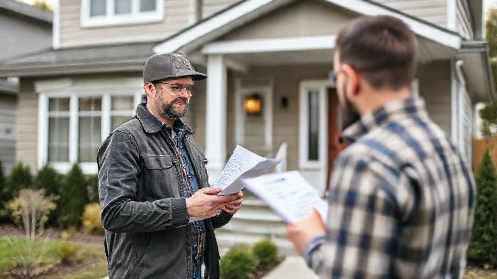 Two men discussing papers outside a house.