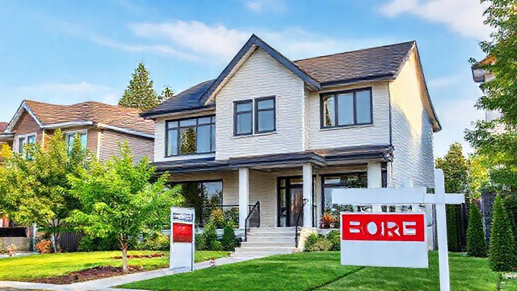 Modern two-story house for sale with sign.