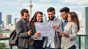 Group of people reviewing a large document outdoors.