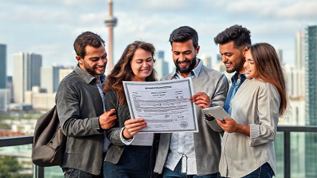 Group of people reviewing a large document outdoors.