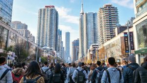 Crowded city street with tall skyscrapers.