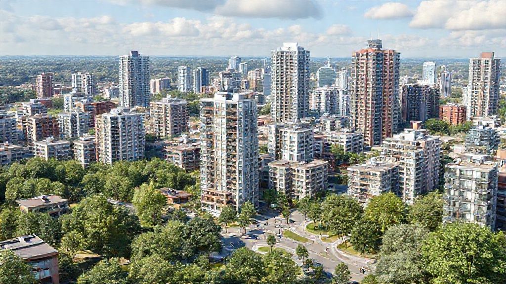 High-rise apartments in urban green neighborhood