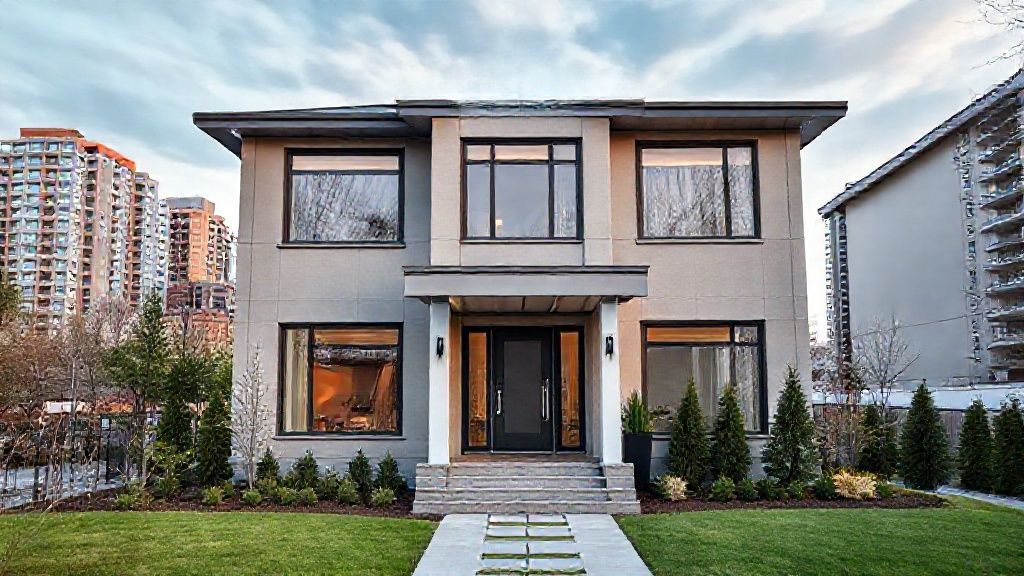 Modern house with large windows and lush garden.