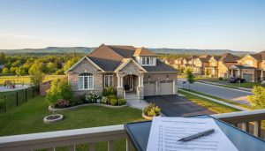 Milton house with a property disclosure statement document and pen on a table, Niagara Escarpment in background.