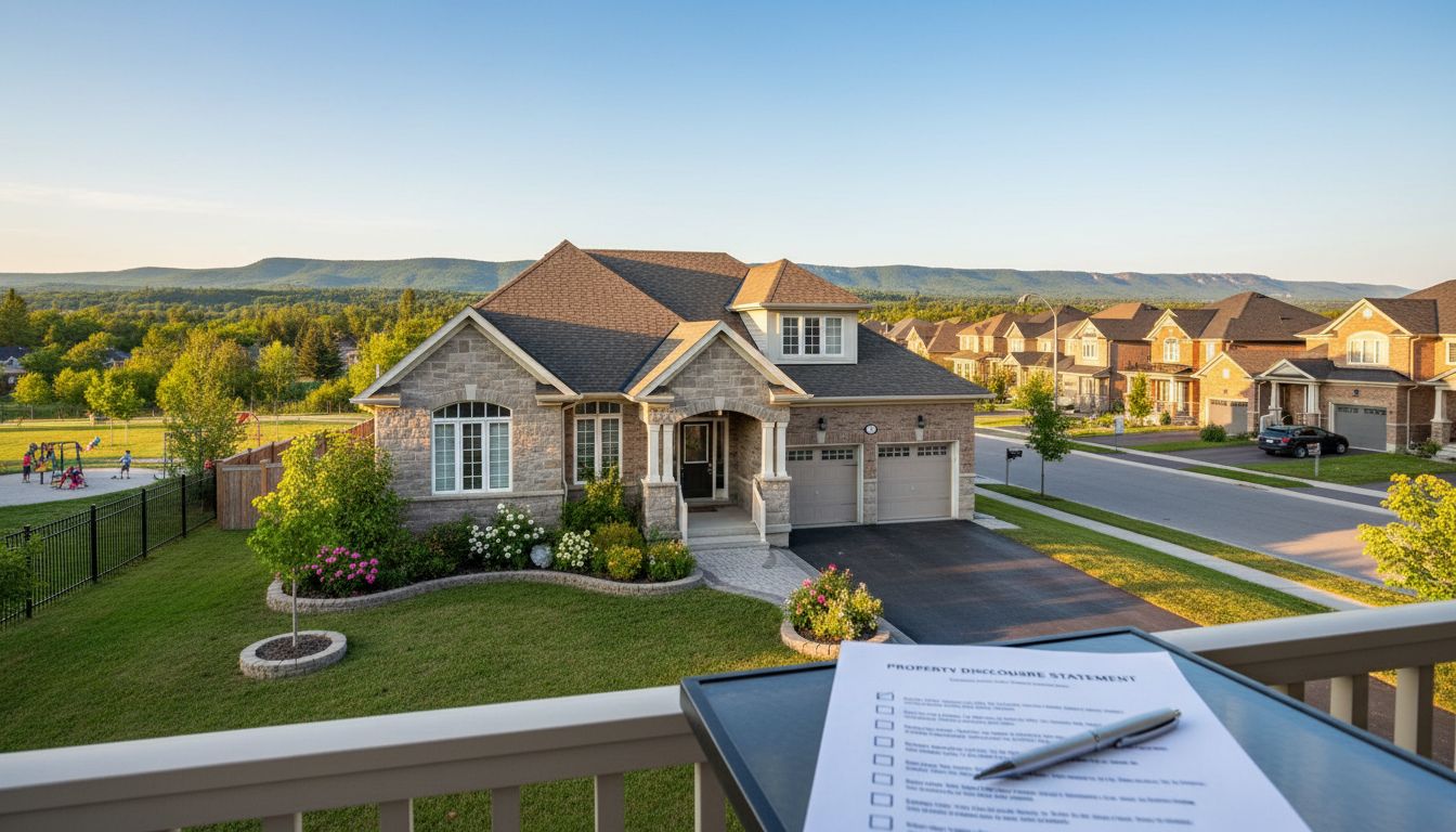 Milton house with a property disclosure statement document and pen on a table, Niagara Escarpment in background.