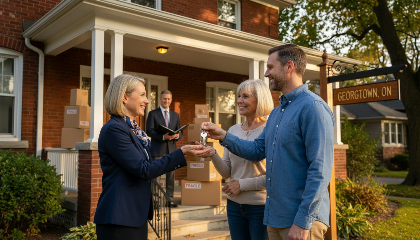 Realtor handing keys to sellers outside a Georgetown, Ontario home with moving boxes on the porch