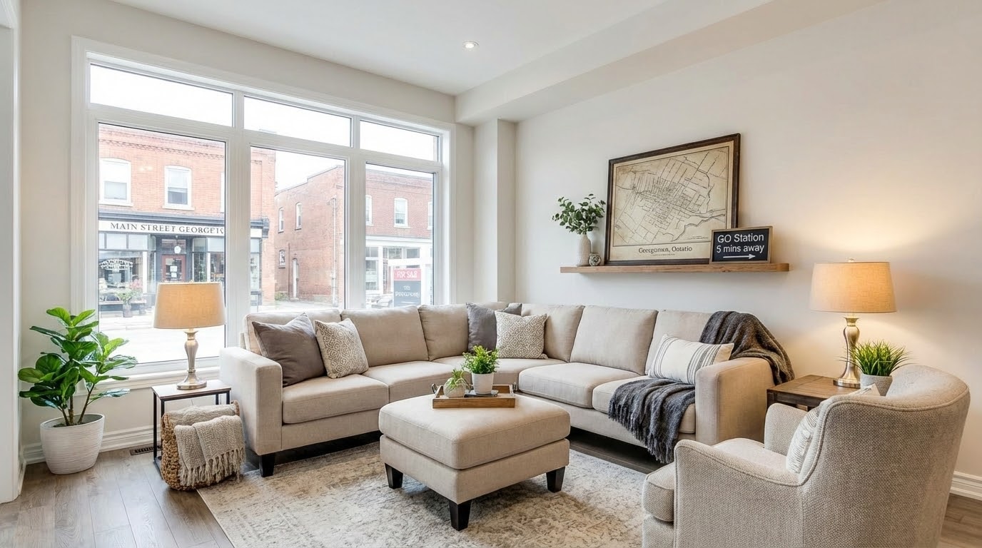 Staged living room in a Georgetown, Ontario home with neutral decor and a subtle For Sale sign visible through the window.
