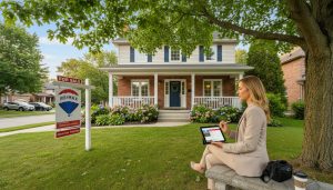 Georgetown Ontario home with For Sale sign and REALTOR preparing listing on tablet