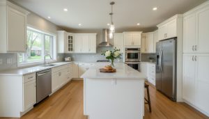 Renovated modern kitchen with quartz countertops and white cabinets in a Georgetown, Ontario home, staged for sale.