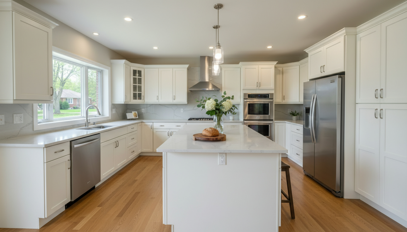Renovated modern kitchen with quartz countertops and white cabinets in a Georgetown, Ontario home, staged for sale.