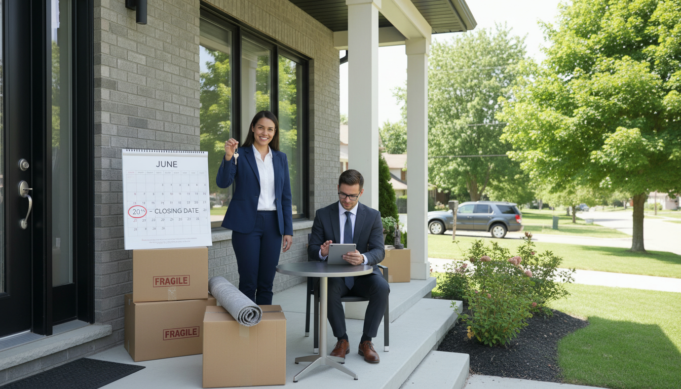 Modern Georgetown Ontario house with moving boxes, calendar circled for closing date, real estate key exchange and lawyer reviewing documents.