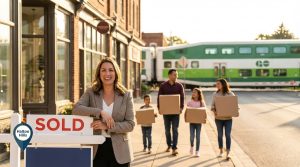 Real estate agent in downtown Georgetown Ontario with SOLD sign and GO train in background