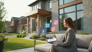 Real estate agent marketing a Georgetown, Ontario home online with laptop, social media icons, and virtual tour thumbnail