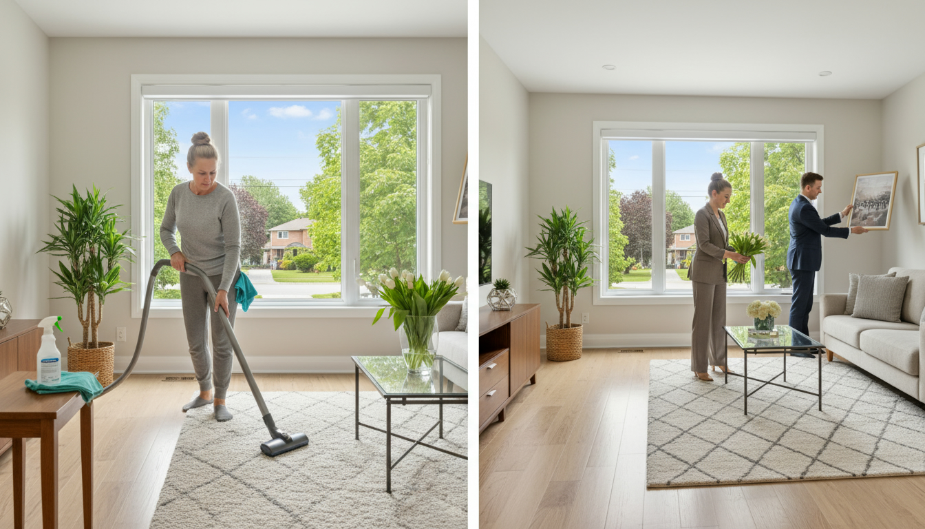Staged Georgetown Ontario home interior split view: DIY cleaning vs professional cleaner preparing home for sale.