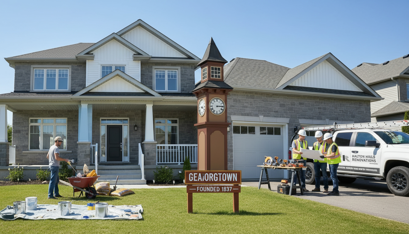 Split image of a Georgetown home showing a homeowner doing DIY painting on one side and a licensed contractor crew with blueprints on the other, with a Halton Hills town sign in the background.
