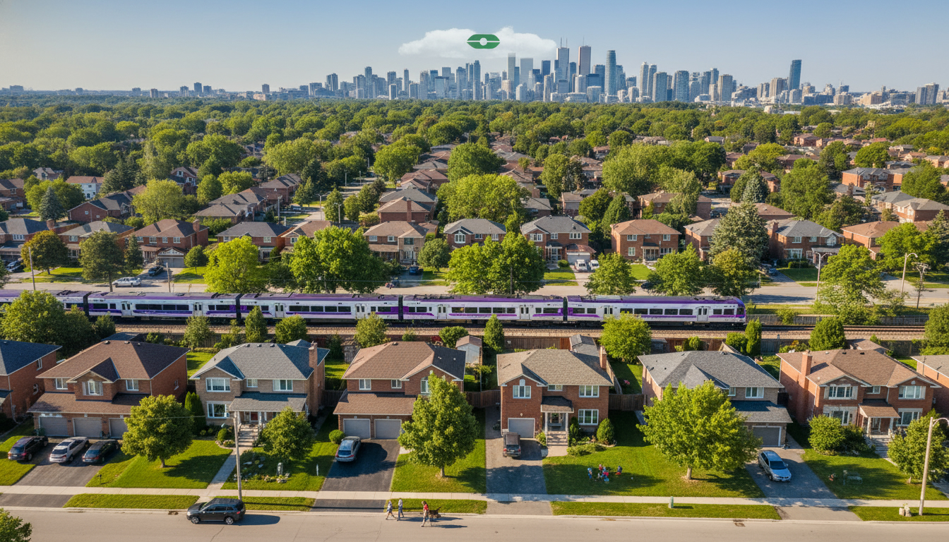 Aerial view of Georgetown Ontario neighborhood showing detached and semi-detached homes with yards and driveways