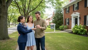 Real estate agent handing over keys to new homeowners outside a Georgetown, Ontario home with a 'Sold' sign