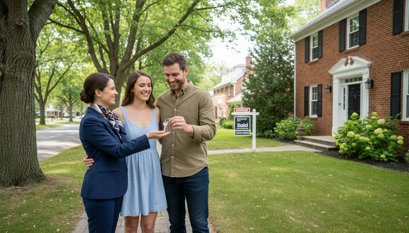 Real estate agent handing over keys to new homeowners outside a Georgetown, Ontario home with a 'Sold' sign