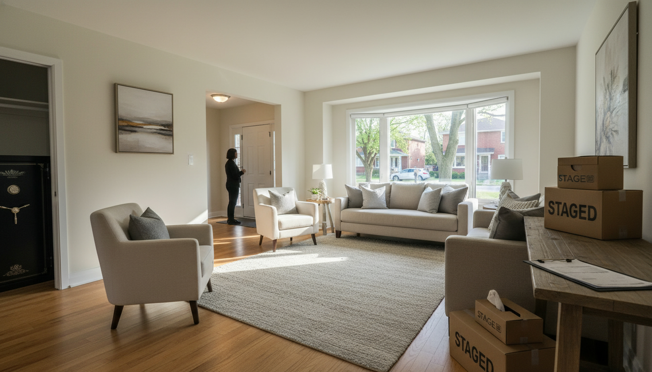 Staged Georgetown home interior with moving boxes, realtor clipboard and a locked safe visible in closet