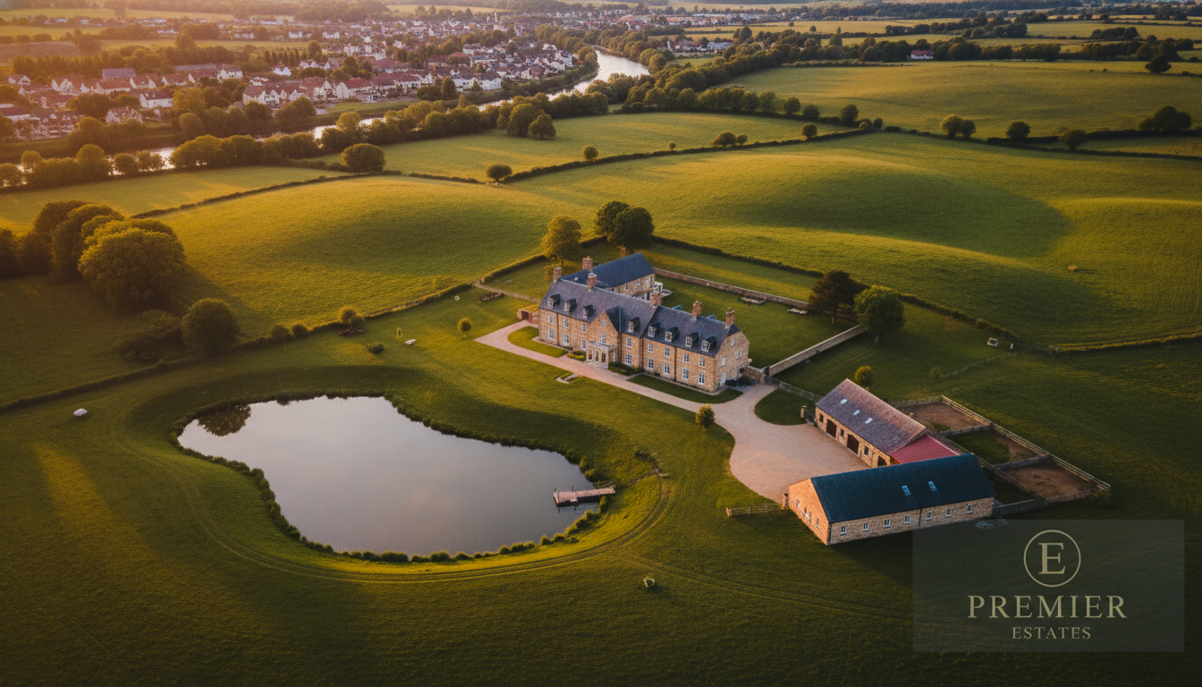 Aerial view of a luxury rural estate with pond and barn near Georgetown Ontario at golden hour