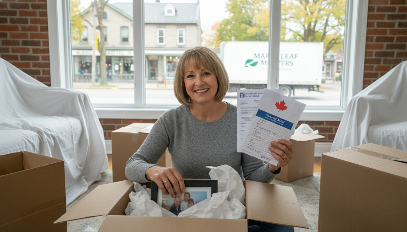 Homeowner in Georgetown packing while holding closing documents and change-of-address forms with a moving truck outside