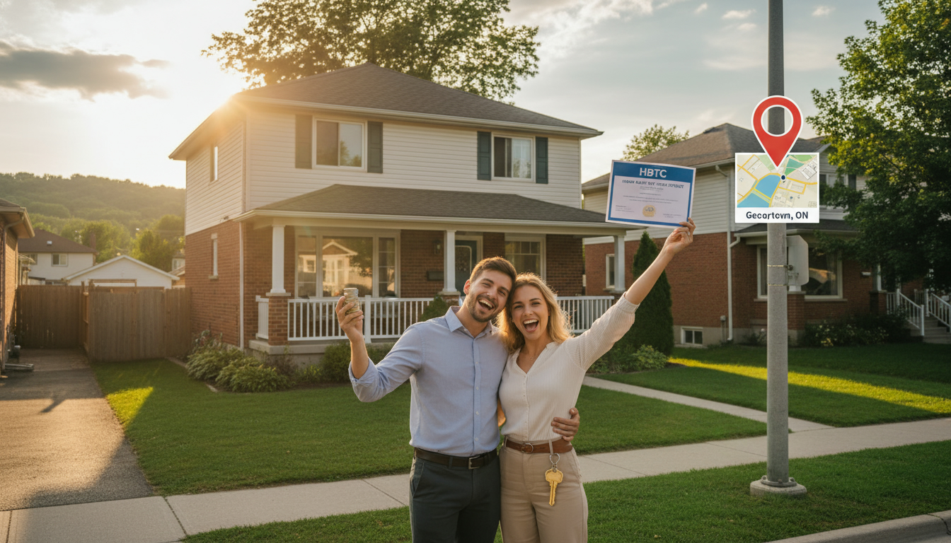 Young couple celebrating in front of their new house in Georgetown, Ontario, with keys and mortgage incentive icons
