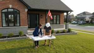 Georgetown Ontario home renovation financing - realtor and contractor reviewing plans on front lawn with financing documents and calculator