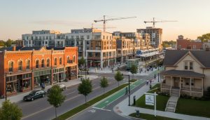 Downtown Georgetown Ontario with new mid-rise developments, GO station, and a For Sale sign in front of a house.