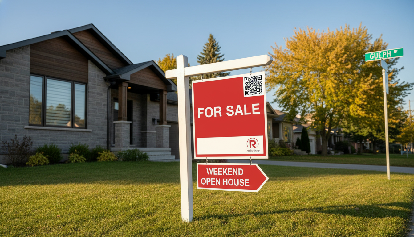 Georgetown, Ontario home with a professional 'For Sale' sign and QR code on the front lawn