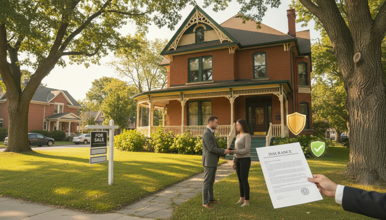 Century-old Victorian home in Georgetown, Ontario with for sale sign and insurance policy