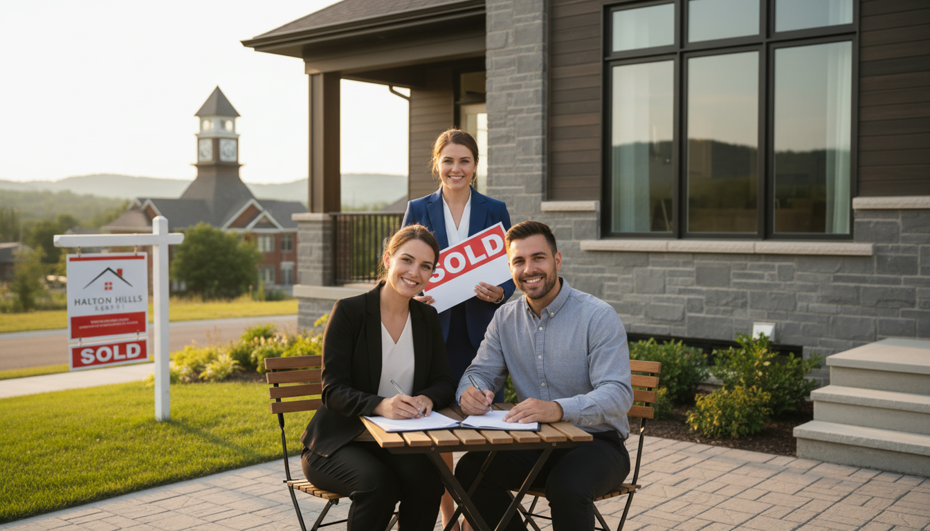 Young couple signing home purchase documents outside a Georgetown Ontario townhouse with realtor holding a sold sign.