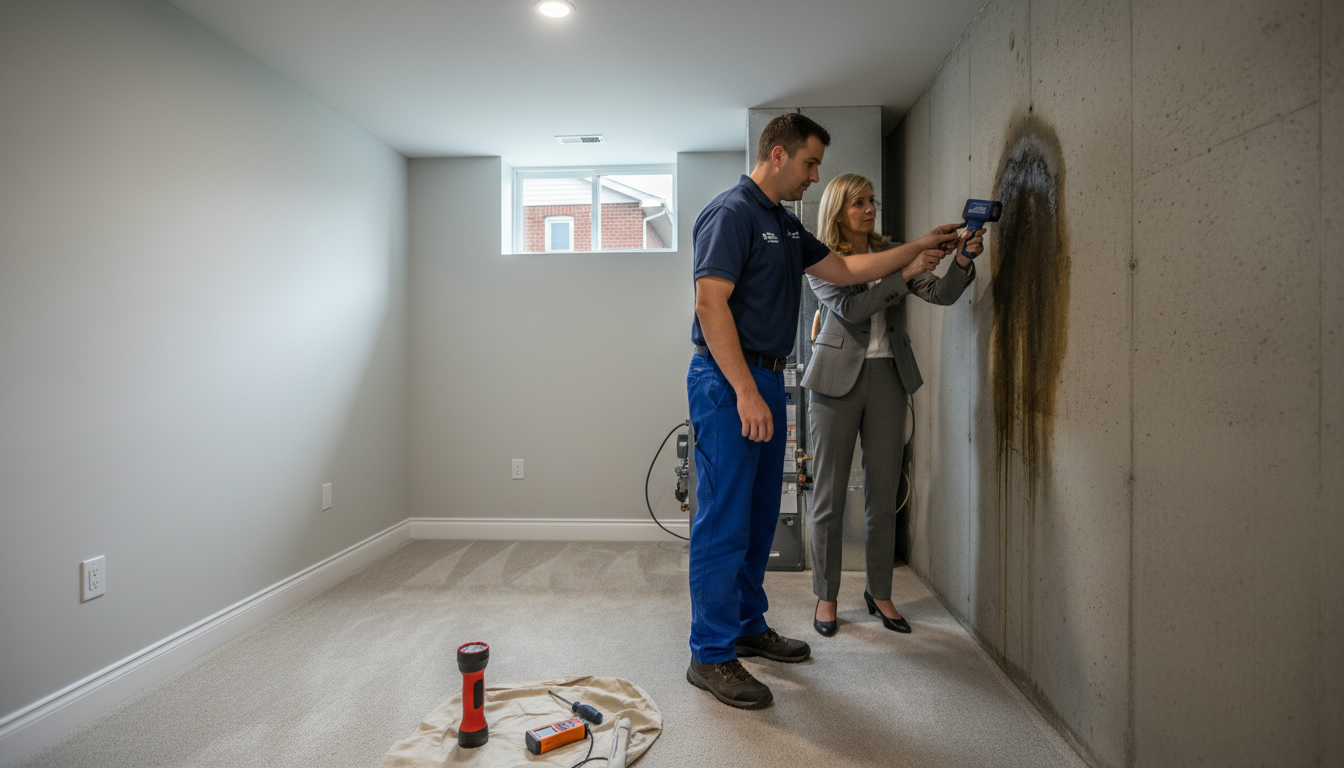 Inspector using moisture meter and infrared camera in a basement showing water stain