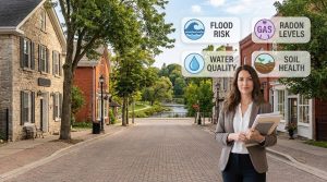 Georgetown Ontario street with river view and icons for flood, radon, water, soil hazards