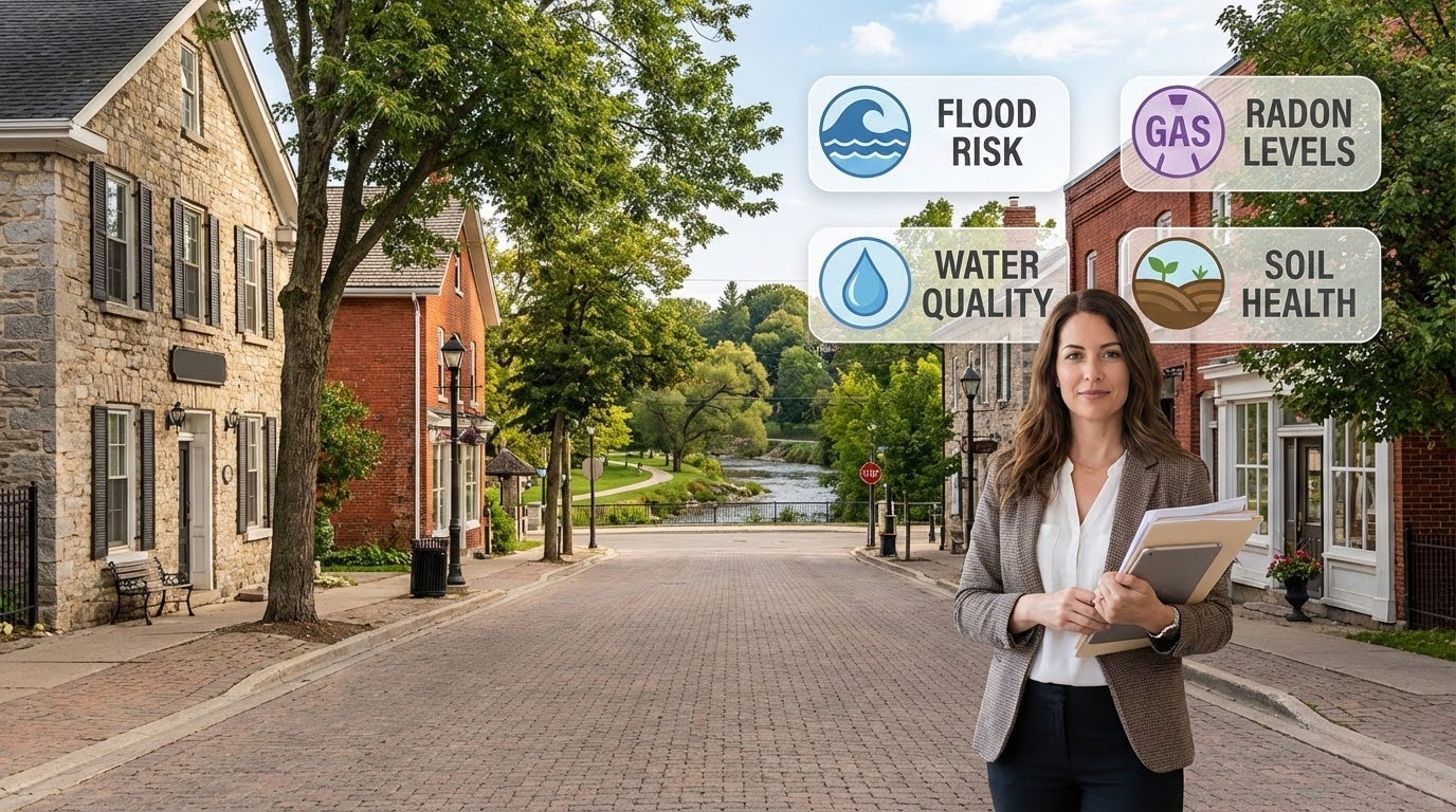 Georgetown Ontario street with river view and icons for flood, radon, water, soil hazards
